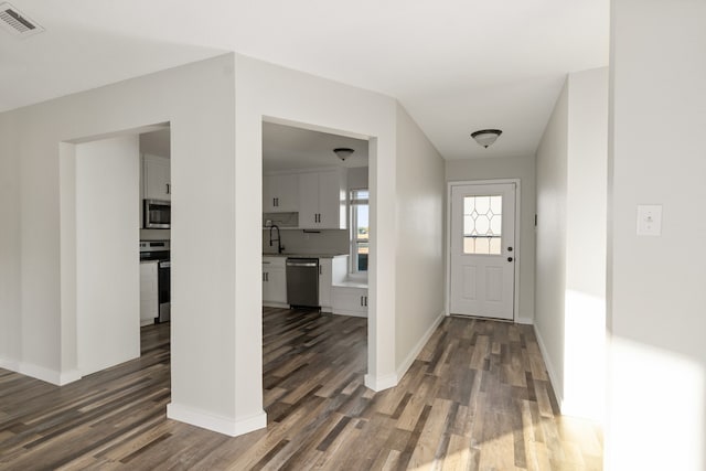 entrance foyer featuring sink and dark hardwood / wood-style floors