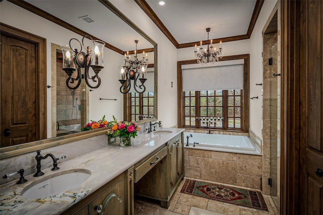3801 Dugas Rd, Aubrey, TX 76227 - full bath featuring an inviting chandelier, stone tile flooring, a sink, and visible vents