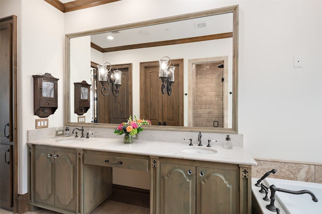 bathroom with ornamental molding, shower with separate bathtub, and vanity