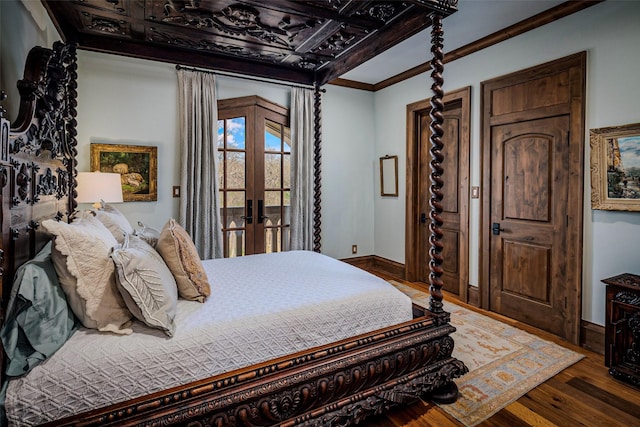 3801 Dugas Rd, Aubrey, TX 76227 - bedroom featuring french doors, access to exterior, wood finished floors, baseboards, and ornamental molding