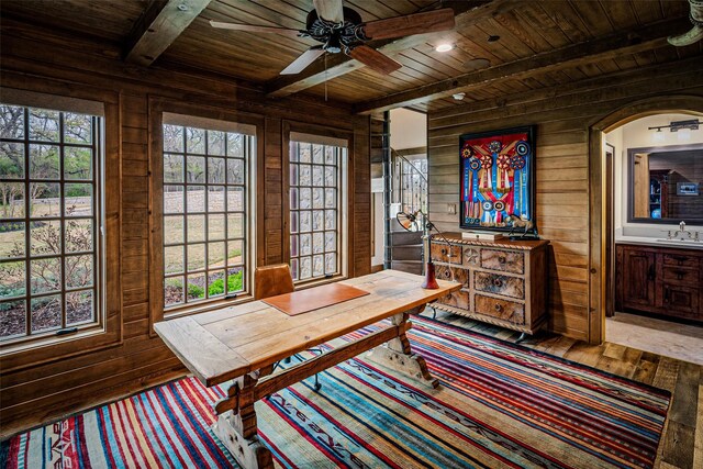 3801 Dugas Rd, Aubrey, TX 76227 - office space with wood walls, hardwood / wood-style floors, and wooden ceiling