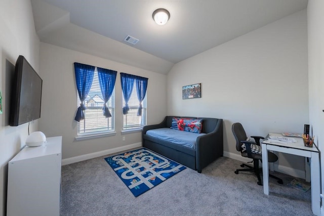 bedroom featuring vaulted ceiling and carpet flooring