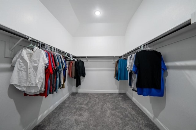 spacious closet with dark colored carpet and lofted ceiling