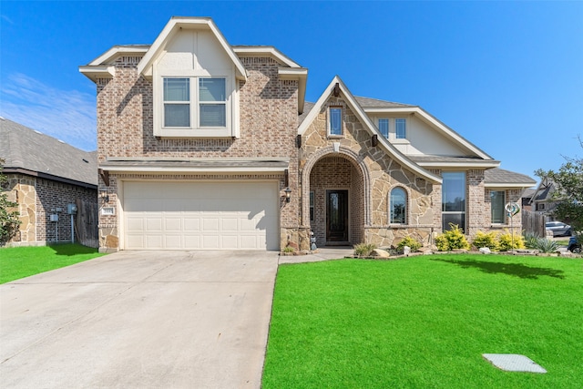 view of front of house with a front yard and a garage