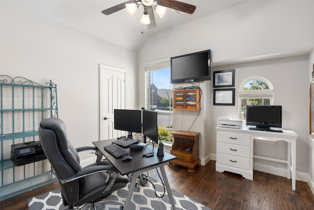 home office with ceiling fan, lofted ceiling, and dark hardwood / wood-style floors