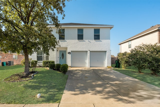 view of property featuring central AC unit, a garage, and a front lawn