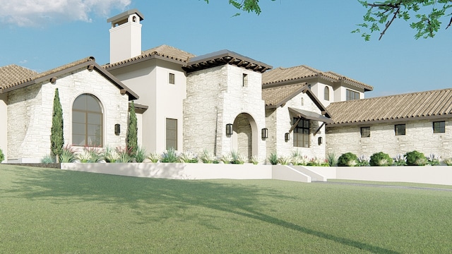 1405 Samantha Way, Keller, TX 76262 - mediterranean / spanish house featuring stone siding, a chimney, a front lawn, stucco siding, and a tiled roof