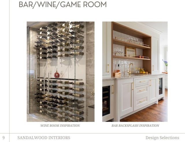 bar featuring light stone countertops, white cabinets, dark wood-type flooring, sink, and wine cooler