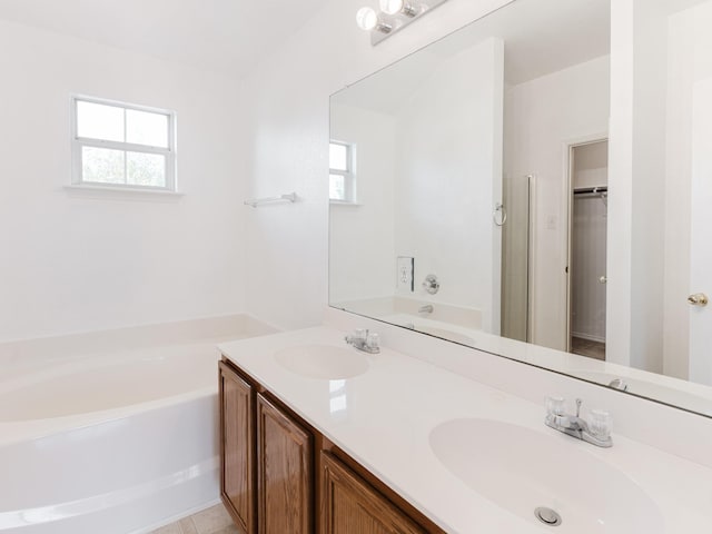 bathroom with a sink, a walk in closet, double vanity, and a garden tub