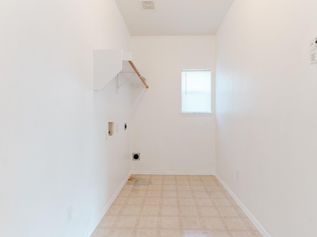 laundry area with hookup for an electric dryer, visible vents, hookup for a washing machine, light floors, and laundry area