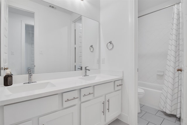 full bathroom with vanity, tile patterned flooring, toilet, and shower / bathtub combination with curtain