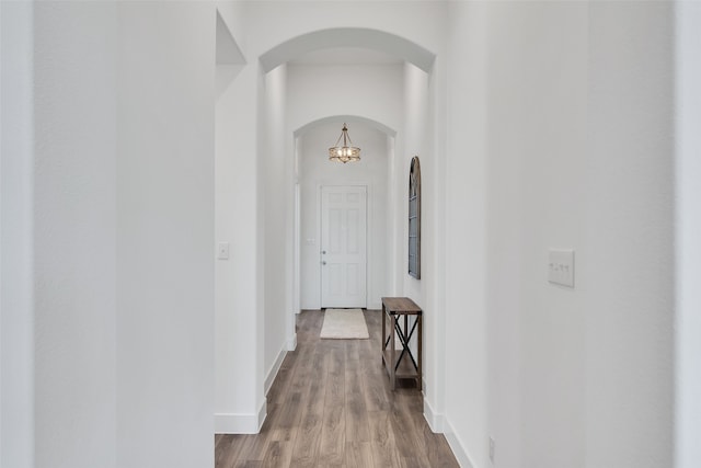 hall featuring a notable chandelier and hardwood / wood-style flooring