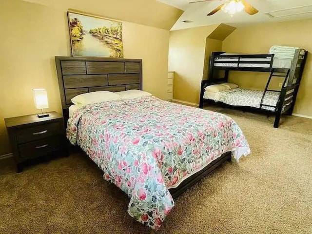 carpeted bedroom featuring ceiling fan and lofted ceiling