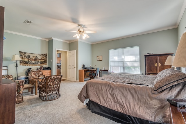 bedroom featuring ornamental molding, light colored carpet, and ceiling fan