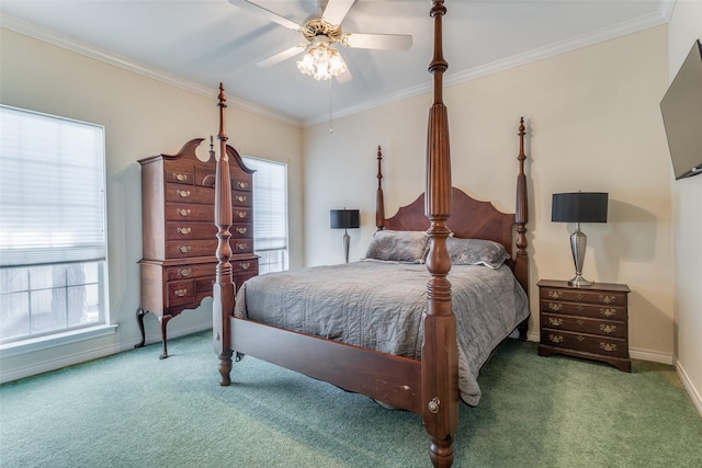 carpeted bedroom featuring crown molding and ceiling fan