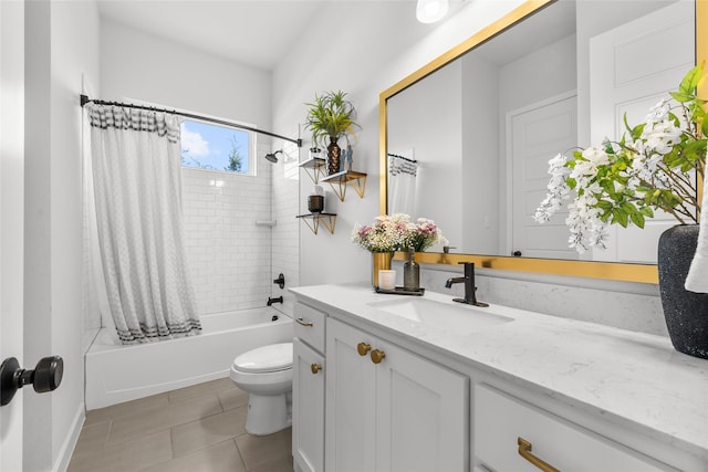 full bathroom featuring shower / bath combo, vanity, toilet, and tile patterned floors