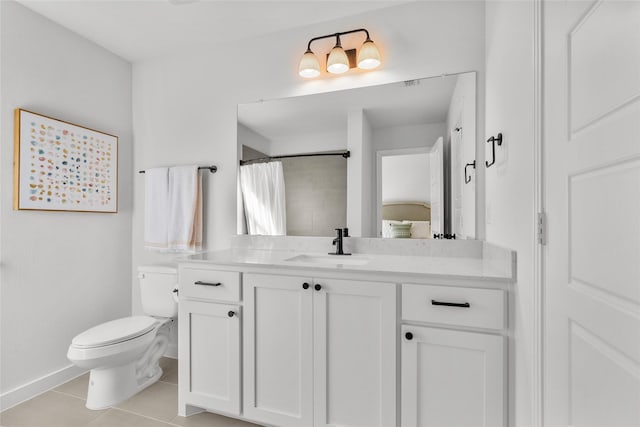 bathroom featuring tile patterned flooring, vanity, toilet, and a shower with shower curtain