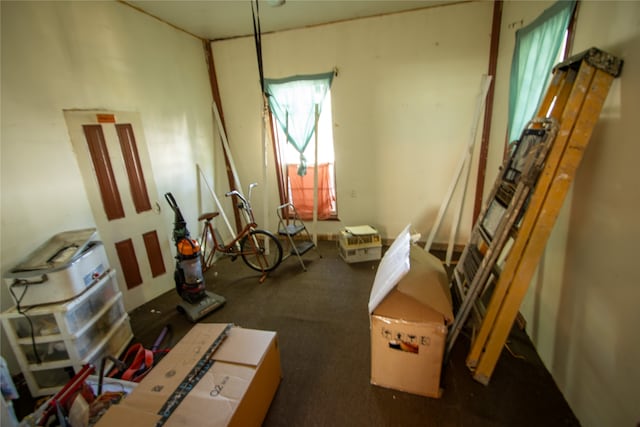 miscellaneous room featuring dark carpet