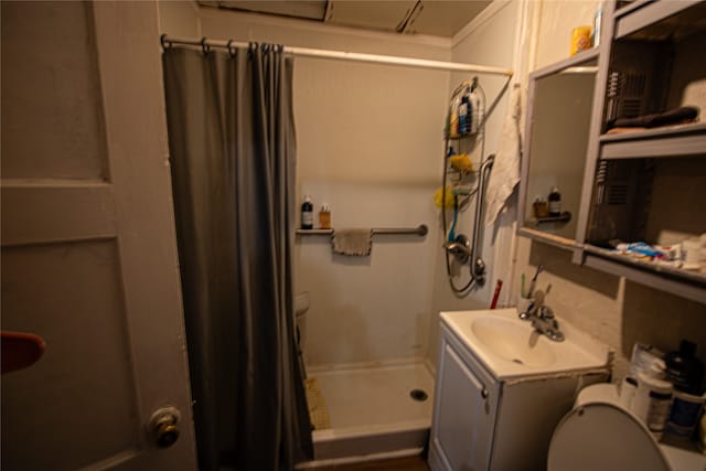 bathroom featuring vanity, toilet, and a shower with shower curtain