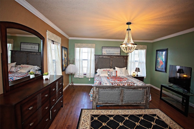 bedroom featuring crown molding, dark hardwood / wood-style flooring, and multiple windows