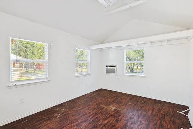 empty room with a wall mounted AC, vaulted ceiling, and dark hardwood / wood-style flooring