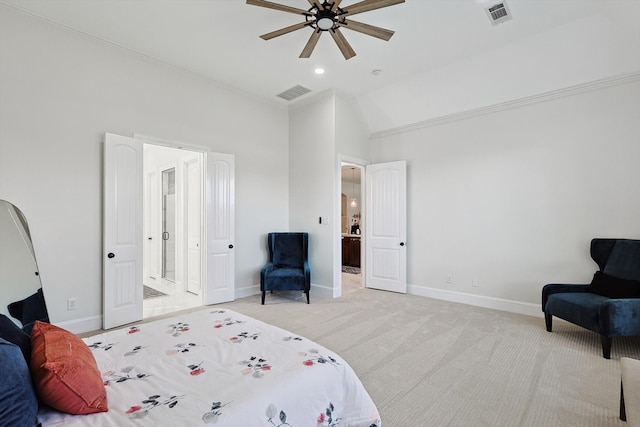 carpeted bedroom featuring high vaulted ceiling and ceiling fan