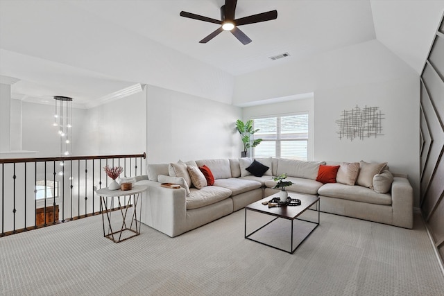 living room featuring ceiling fan and light colored carpet