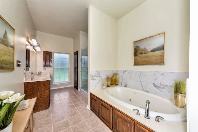 bathroom featuring vanity, tile patterned floors, and independent shower and bath