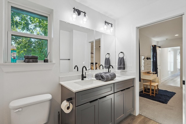 bathroom with vanity, toilet, and hardwood / wood-style floors