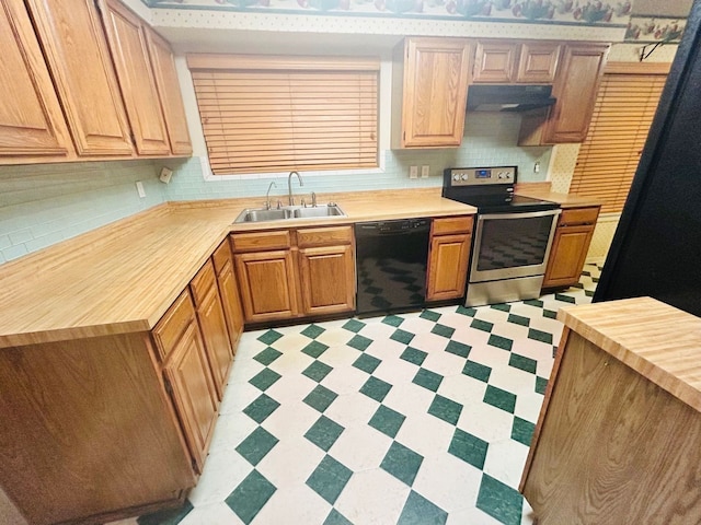 kitchen featuring sink, wooden counters, stainless steel electric range, backsplash, and dishwasher