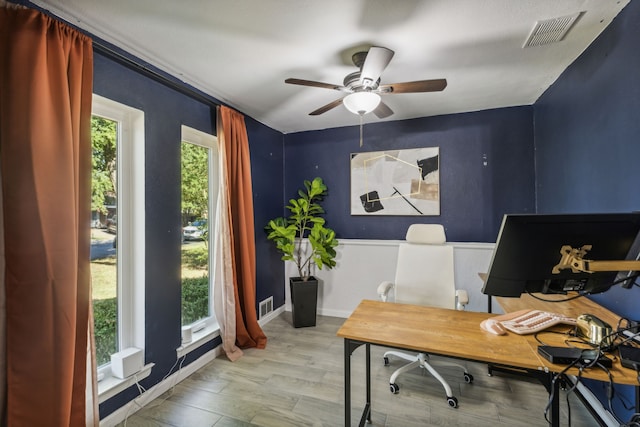 office featuring ceiling fan and hardwood / wood-style floors