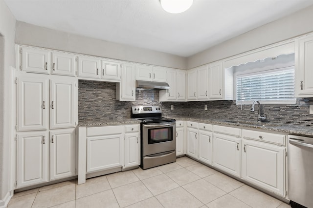 kitchen with white cabinets, backsplash, stainless steel appliances, and sink