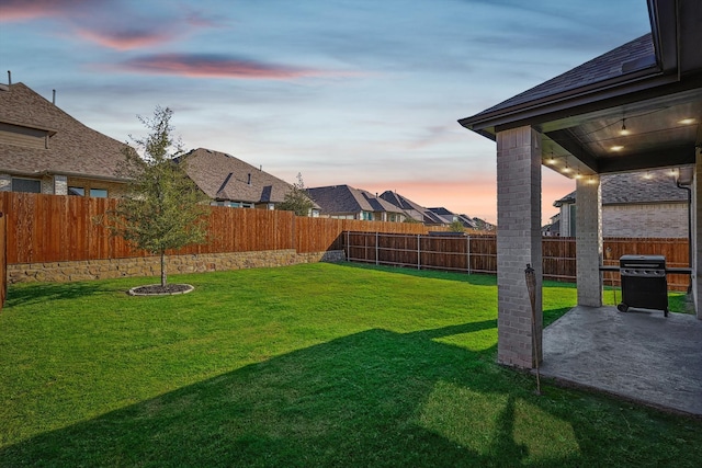 yard at dusk featuring a patio