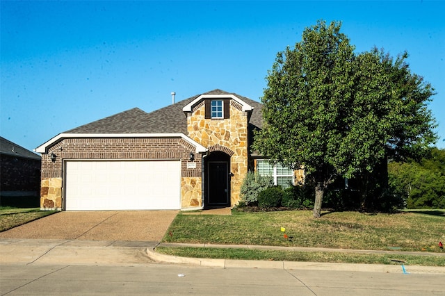 view of front of property with a garage and a front lawn