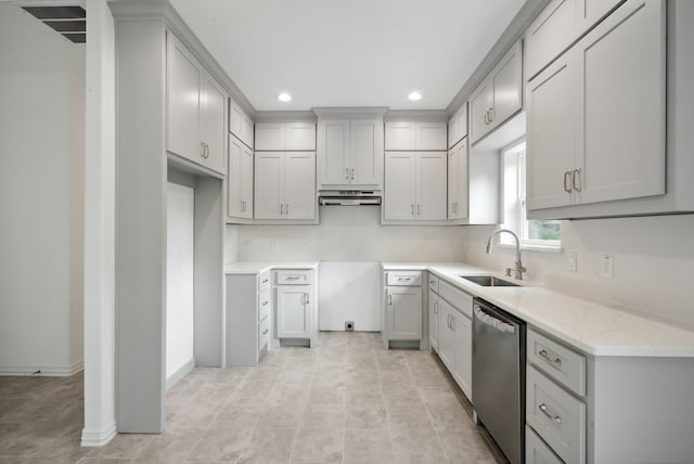 kitchen with light stone counters, light tile patterned floors, stainless steel dishwasher, gray cabinetry, and sink