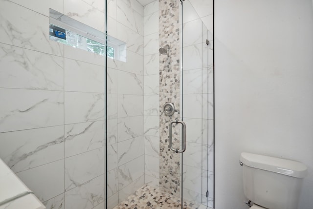 bathroom with a shower with shower door and toilet