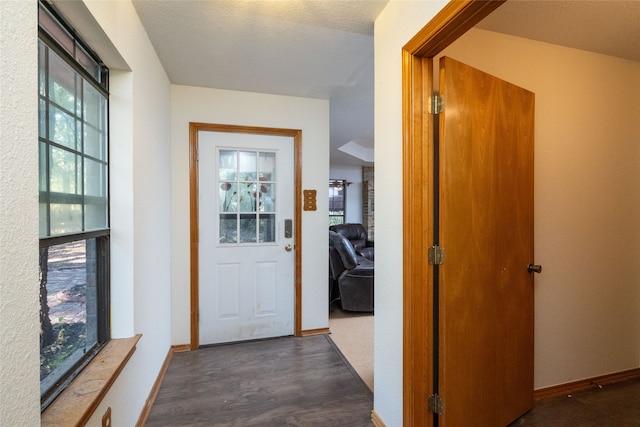 doorway with a textured ceiling and dark hardwood / wood-style flooring