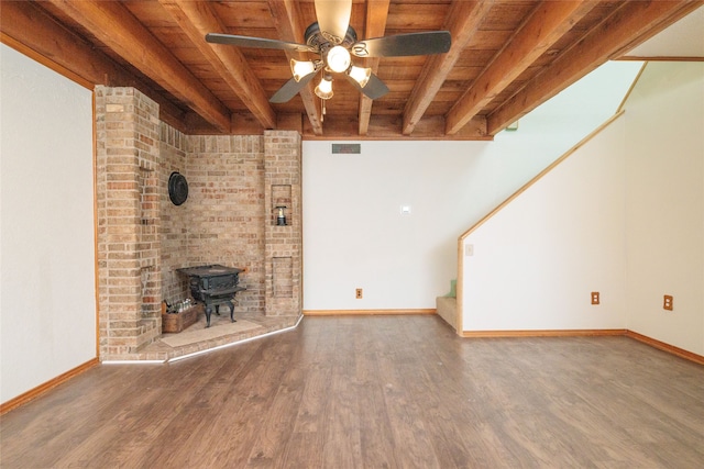 unfurnished living room with a wood stove, beam ceiling, wood-type flooring, and wooden ceiling