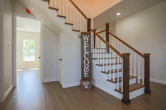 365 Jakes Ln, Poolville, TX 76487 - stairs featuring wood finished floors, baseboards, recessed lighting, and a ceiling fan