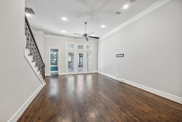 unfurnished living room featuring ceiling fan, crown molding, and dark hardwood / wood-style flooring