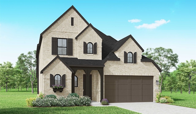 2414 Plumeria Ln, Celina, TX 75009 - french provincial home featuring a garage, a front lawn, brick siding, a shingled roof, and concrete driveway