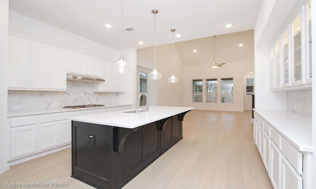 2414 Plumeria Ln, Celina, TX 75009 - kitchen with a sink, backsplash, white cabinets, and under cabinet range hood