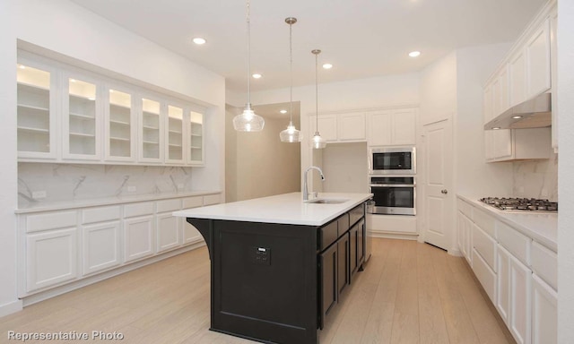 kitchen featuring sink, an island with sink, stainless steel appliances, white cabinets, and ventilation hood