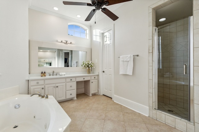 bathroom featuring vanity, crown molding, independent shower and bath, and tile patterned flooring