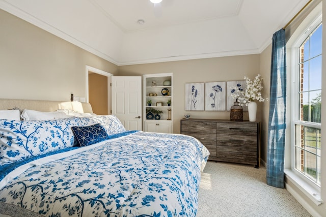 carpeted bedroom with multiple windows, ornamental molding, and a raised ceiling