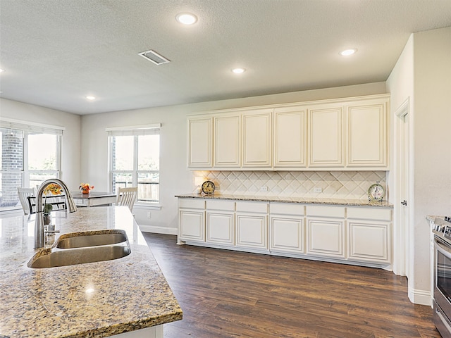 kitchen featuring sink, light stone counters, backsplash, and dark hardwood / wood-style flooring