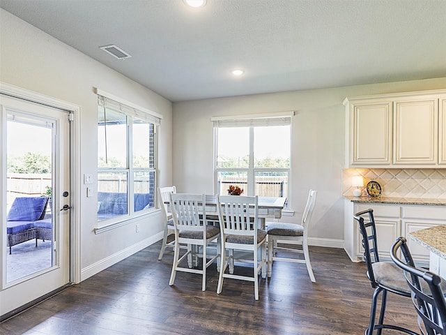 dining room with a textured ceiling, dark hardwood / wood-style floors, and a healthy amount of sunlight