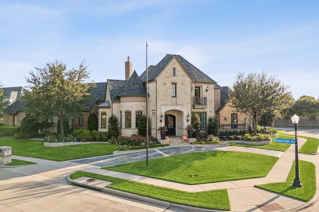 6408 Drawbridge Ln, Plano, TX 75024 - french country style house featuring a front lawn, brick siding, a chimney, and stone siding