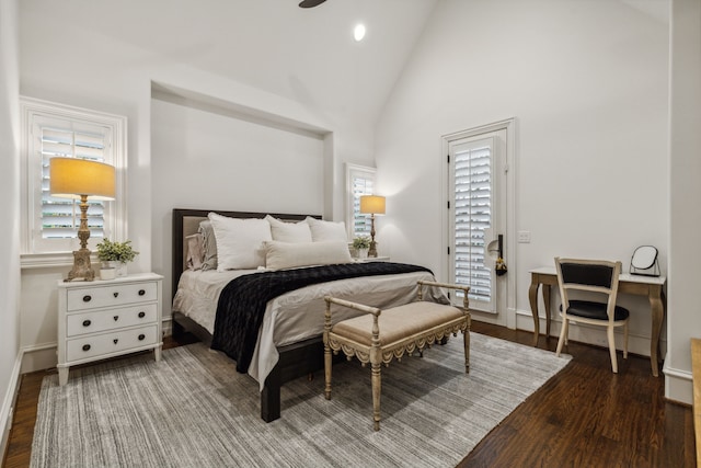 6408 Drawbridge Ln, Plano, TX 75024 - bedroom featuring baseboards, high vaulted ceiling, recessed lighting, and wood finished floors