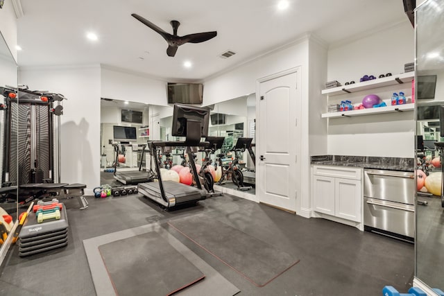 6408 Drawbridge Ln, Plano, TX 75024 - workout area featuring ceiling fan, ornamental molding, visible vents, and recessed lighting